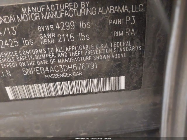 44994202 :رقم المزاد ، 5NPEB4AC3DH676791 vin ، 2013 Hyundai Sonata Gls مزاد بيع