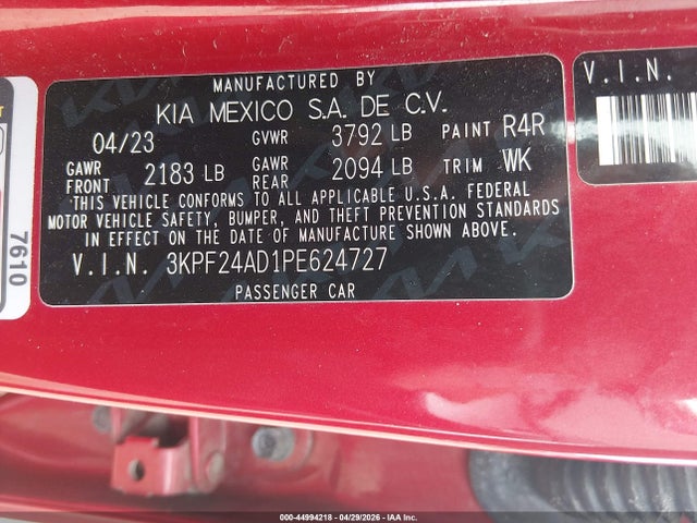 Aukcja sprzedaży 2023 Kia Forte Lxs, vin: 3KPF24AD1PE624727, numer aukcji: 44994218