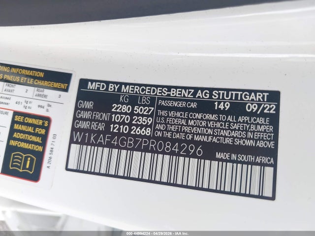 Auction sale of the 2023 Mercedes-benz C 300 Sedan, vin: W1KAF4GB7PR084296, lot number: 44994224