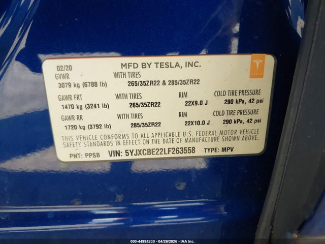 Продаж на аукціоні авто 2020 Tesla Model X Long Range Dual Motor All-wheel Drive/long Range Plus Dual Motor All-wheel Drive, vin: 5YJXCBE22LF263558, номер лоту: 44994230