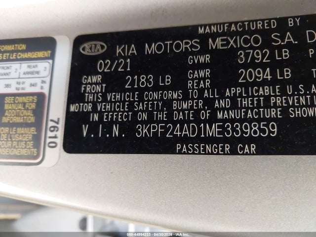 2021 Kia Forte Lxs მანქანა იყიდება აუქციონზე, vin: 3KPF24AD1ME339859, აუქციონის ნომერი: 44994233