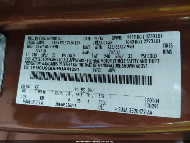 1FMCU9GD0HUA41291 Ford ESCAPE SE