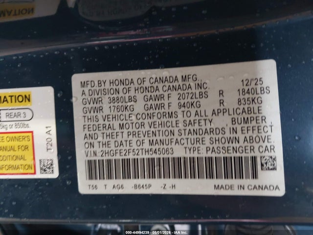 44994239 :رقم المزاد ، 2HGFE2F52TH545063 vin ، 2026 Honda Civic Sport مزاد بيع
