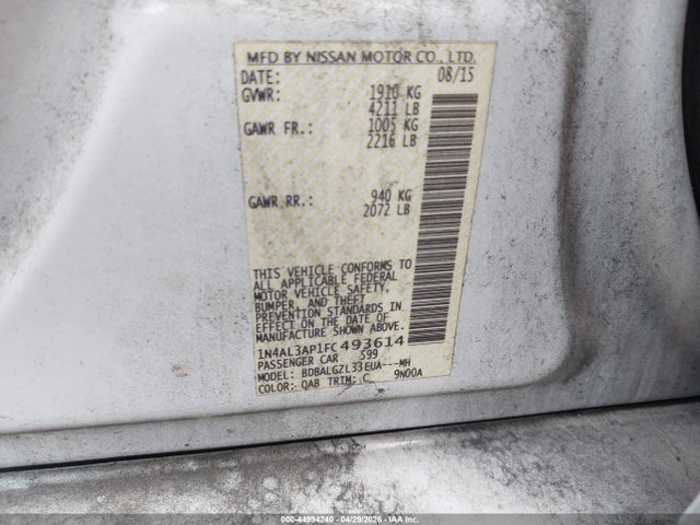 44994240 :رقم المزاد ، 1N4AL3AP1FC493614 vin ، 2015 Nissan Altima 2.5 S مزاد بيع