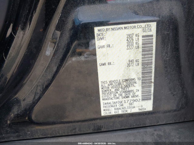 Aukcja sprzedaży 2016 Nissan Altima 2.5 Sr, vin: 1N4AL3AP2GC177902, numer aukcji: 44994242