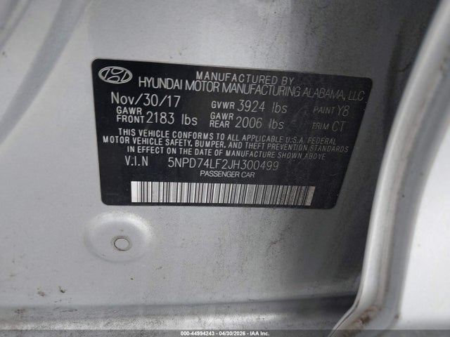 Aukcja sprzedaży 2018 Hyundai Elantra Se, vin: 5NPD74LF2JH300499, numer aukcji: 44994243
