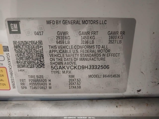 Продаж на аукціоні авто 2017 Buick Enclave Premium, vin: 5GAKVCKD9HJ332506, номер лоту: 44994245