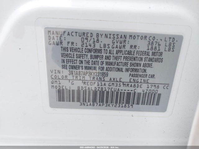 Продажа на аукционе авто 2019 Nissan Sentra Sv, vin: 3N1AB7AP3KY231859, номер лота: 44994265