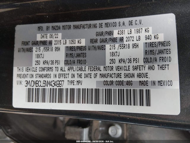 44994266 :رقم المزاد ، 3MVDMBCL6NM434997 vin ، 2022 Mazda Cx-30 Preferred مزاد بيع