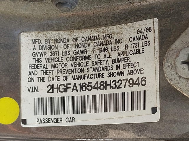 44994269 :رقم المزاد ، 2HGFA16548H327946 vin ، 2008 Honda Civic Lx مزاد بيع