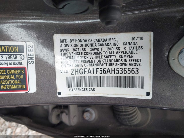 Продажа на аукционе авто 2010 Honda Civic Lx, vin: 2HGFA1F56AH536563, номер лота: 44994275