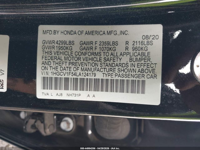 2020 Honda Accord Ex-l მანქანა იყიდება აუქციონზე, vin: 1HGCV1F54LA124179, აუქციონის ნომერი: 44994286
