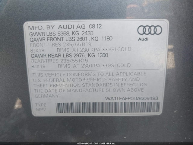 Aukcja sprzedaży 2013 Audi Q5 2.0t Premium, vin: WA1LFAFP0DA006493, numer aukcji: 44994287