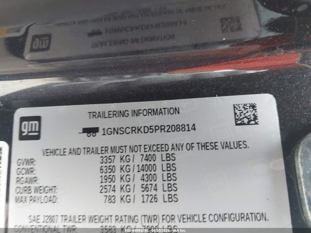 Продаж на аукціоні авто 2023 Chevrolet Tahoe 2wd Rst, vin: 1GNSCRKD5PR208814, номер лоту: 44994290