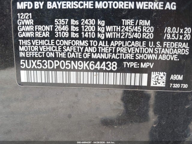 44994297 :رقم المزاد ، 5UX53DP05N9K64438 vin ، 2022 Bmw X3 Xdrive30i مزاد بيع