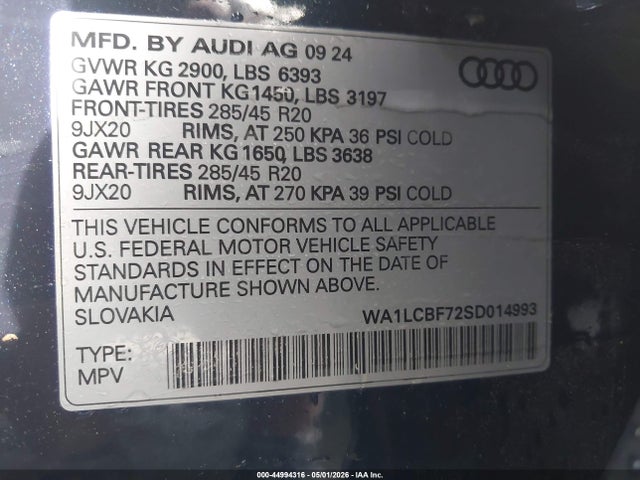 2025 Audi Q7 Premium Plus 45 Tfsi Quattro Tiptronic მანქანა იყიდება აუქციონზე, vin: WA1LCBF72SD014993, აუქციონის ნომერი: 44994316
