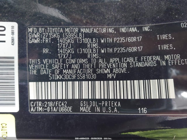5TDKK3DC9FS581030 Toyota Sienna Le 8 Passenger