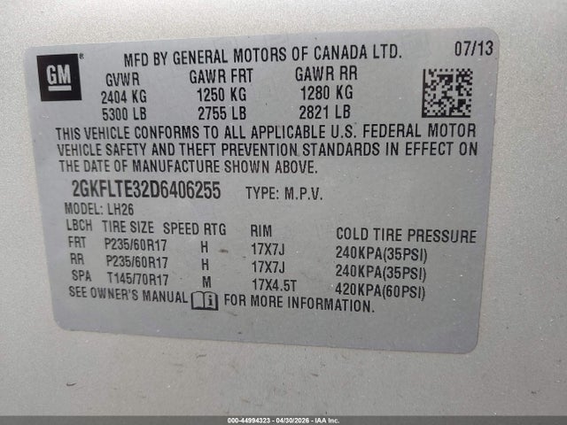 Aukcja sprzedaży 2013 Gmc Terrain Sle-2, vin: 2GKFLTE32D6406255, numer aukcji: 44994323