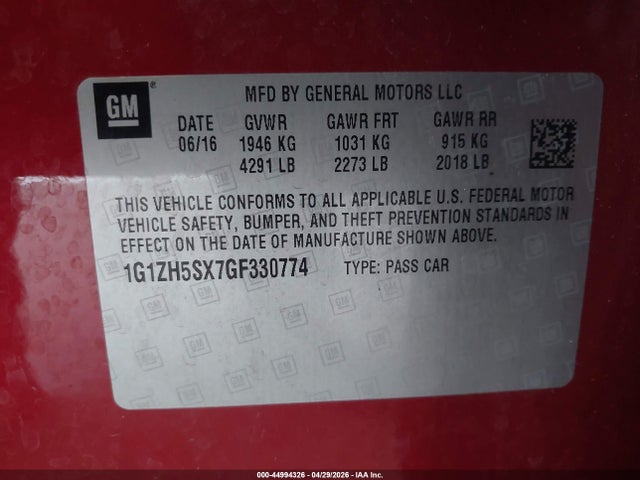 Продаж на аукціоні авто 2016 Chevrolet Malibu Premier, vin: 1G1ZH5SX7GF330774, номер лоту: 44994326
