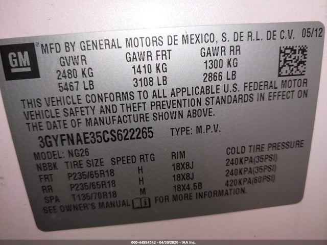 44994342 :رقم المزاد ، 3GYFNAE35CS622265 vin ، 2012 Cadillac Srx Luxury Collection مزاد بيع
