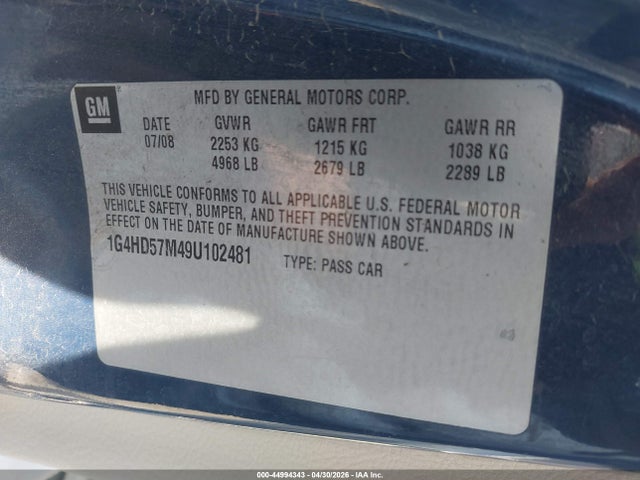 44994343 :رقم المزاد ، 1G4HD57M49U102481 vin ، 2009 Buick Lucerne Cxl-5 مزاد بيع