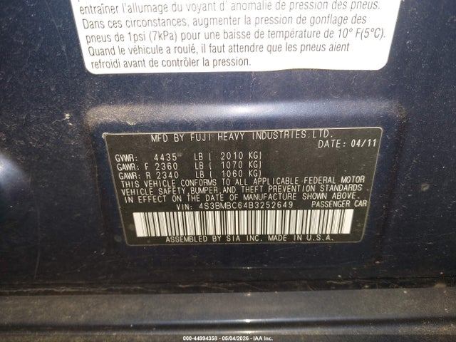 Aukcja sprzedaży 2011 Subaru Legacy 2.5i Prem Awp, vin: 4S3BMBC64B3252649, numer aukcji: 44994358