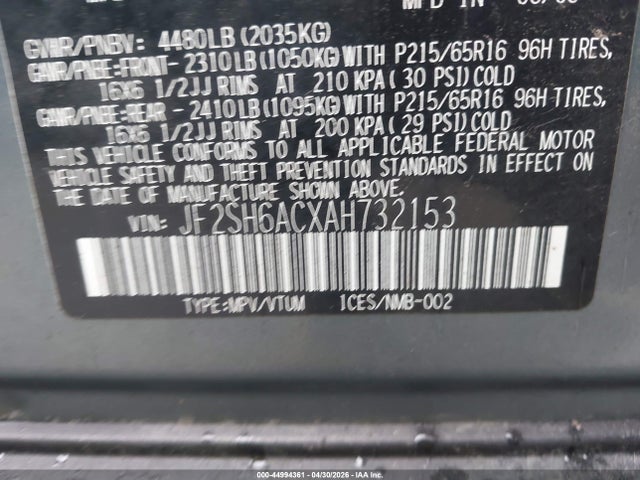 44994361 :رقم المزاد ، JF2SH6ACXAH732153 vin ، 2010 Subaru Forester 2.5x مزاد بيع