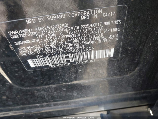 Продажа на аукционе авто 2017 Subaru Forester 2.5i Premium, vin: JF2SJAGC6HH812896, номер лота: 44994363