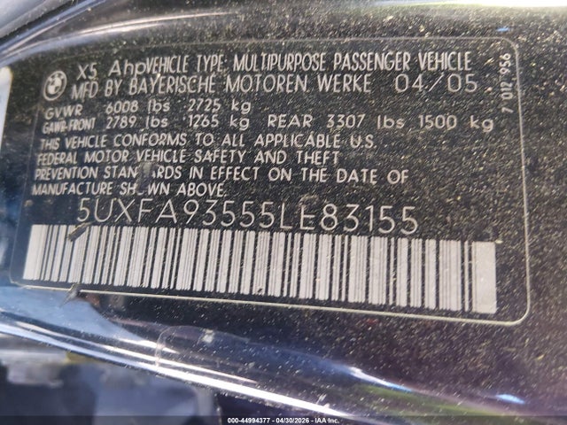 2005 Bmw X5 4.8is მანქანა იყიდება აუქციონზე, vin: 5UXFA93555LE83155, აუქციონის ნომერი: 44994377