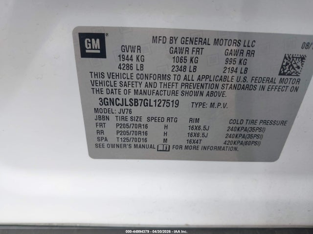 2016 Chevrolet Trax Lt მანქანა იყიდება აუქციონზე, vin: 3GNCJLSB7GL127519, აუქციონის ნომერი: 44994379