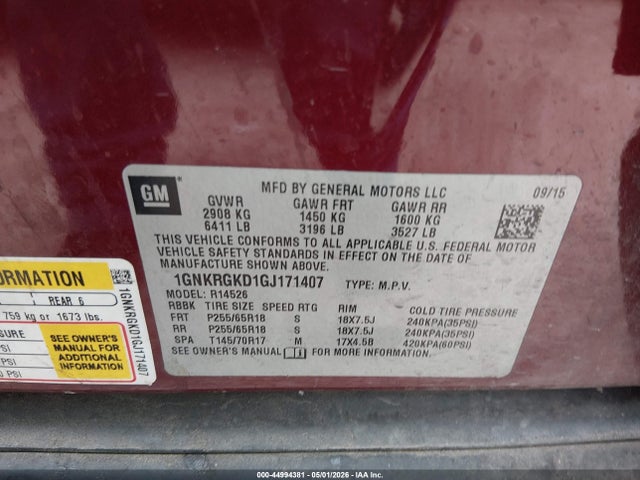 1GNKRGKD1GJ171407 Chevrolet Traverse 1lt