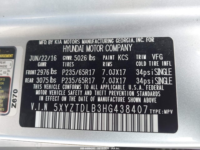 Продажа на аукционе авто 2017 Hyundai Santa Fe Sport 2.4l, vin: 5XYZTDLB3HG438407, номер лота: 44994383