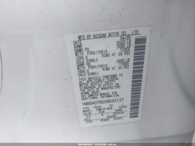 Продаж на аукціоні авто 2005 Nissan Titan Le, vin: 1N6BA07B55N554137, номер лоту: 44994387