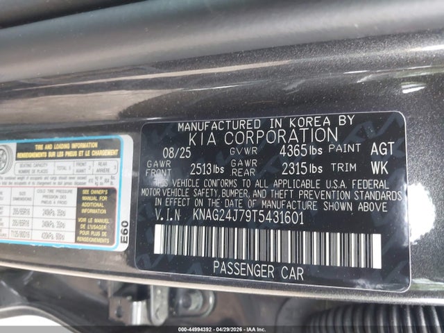 44994392 :رقم المزاد ، KNAG24J79T5431601 vin ، 2026 Kia K5 Lxs Fwd مزاد بيع