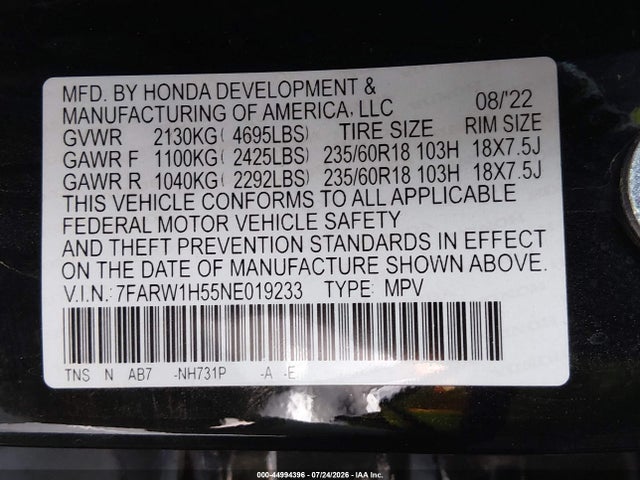 7FARW1H55NE019233 Honda Cr-v 2wd Ex