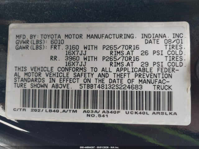 2002 Toyota Tundra Ltd V8 მანქანა იყიდება აუქციონზე, vin: 5TBBT48132S224683, აუქციონის ნომერი: 44994397