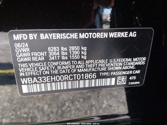 Aukcja sprzedaży 2024 Bmw 740i Xdrive, vin: WBA33EH00RCT01866, numer aukcji: 44994400