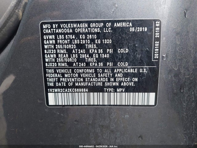 Aukcja sprzedaży 2019 Volkswagen Atlas 3.6l V6 Se W/technology, vin: 1V2WR2CA2KC569884, numer aukcji: 44994402