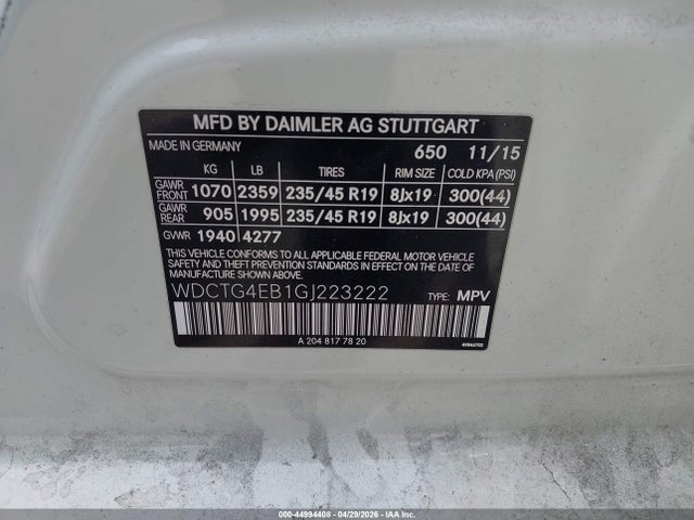 Aukcja sprzedaży 2016 Mercedes-benz Gla 250, vin: WDCTG4EB1GJ223222, numer aukcji: 44994408