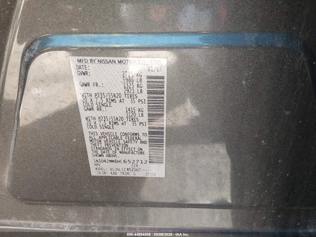 Aukcja sprzedaży 2017 Nissan Pathfinder Platinum, vin: 5N1DR2MM8HC652712, numer aukcji: 44994409