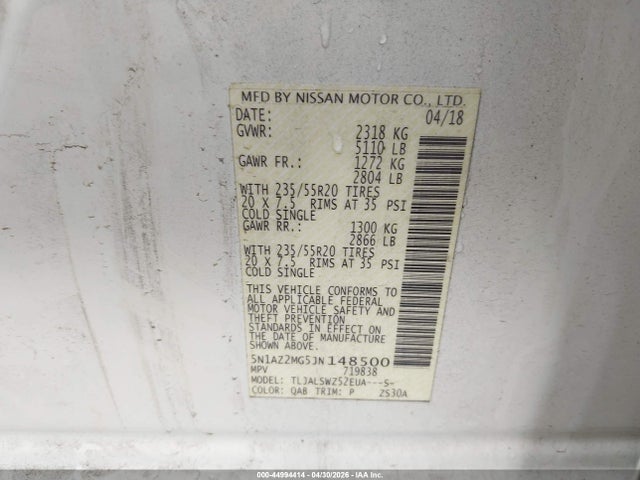 44994414 :رقم المزاد ، 5N1AZ2MG5JN148500 vin ، 2018 Nissan Murano Platinum مزاد بيع