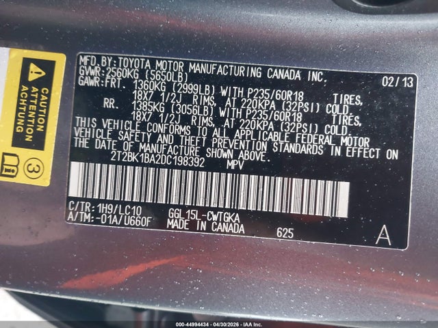 44994434 :رقم المزاد ، 2T2BK1BA2DC198392 vin ، 2013 Lexus Rx 350 مزاد بيع