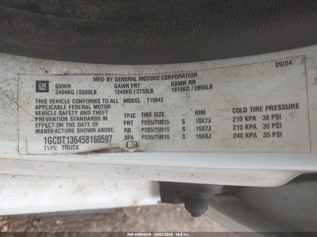 Aukcja sprzedaży 2005 Chevrolet Colorado Ls, vin: 1GCDT136458160597, numer aukcji: 44994439
