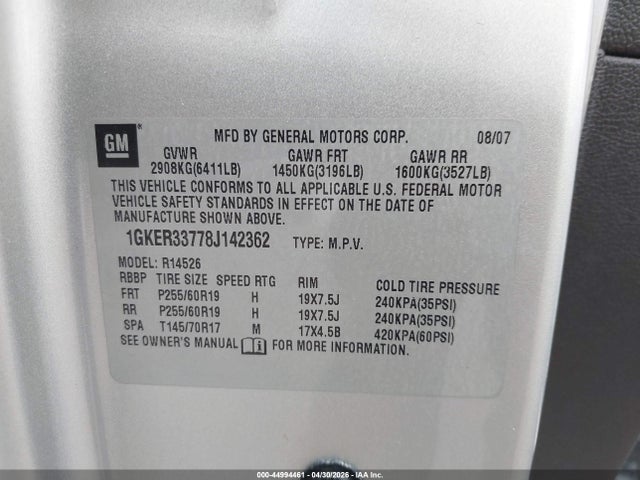 44994461 :رقم المزاد ، 1GKER33778J142362 vin ، 2008 Gmc Acadia Slt-2 مزاد بيع