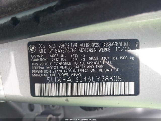 Продаж на аукціоні авто 2006 Bmw X5 3.0i, vin: 5UXFA13546LY28305, номер лоту: 44994462