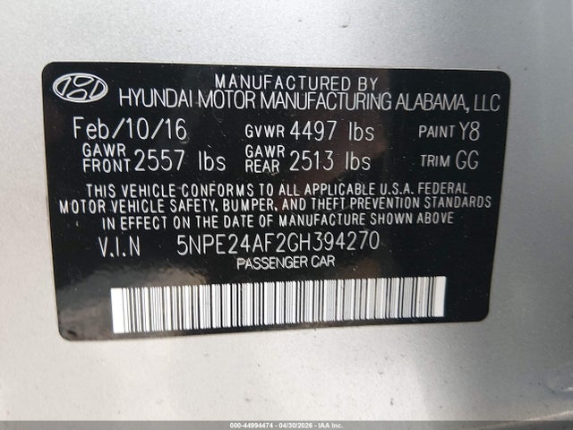 Aukcja sprzedaży 2016 Hyundai Sonata, vin: 5NPE24AF2GH394270, numer aukcji: 44994474