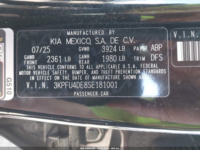 2025 Kia K4 Ex მანქანა იყიდება აუქციონზე, vin: 3KPFU4DE8SE181001, აუქციონის ნომერი: 44994480
