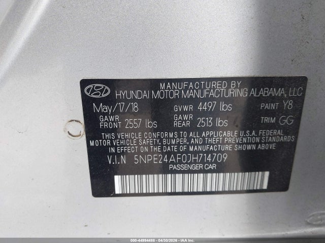 Продажа на аукционе авто 2018 Hyundai Sonata Se, vin: 5NPE24AF0JH714709, номер лота: 44994488