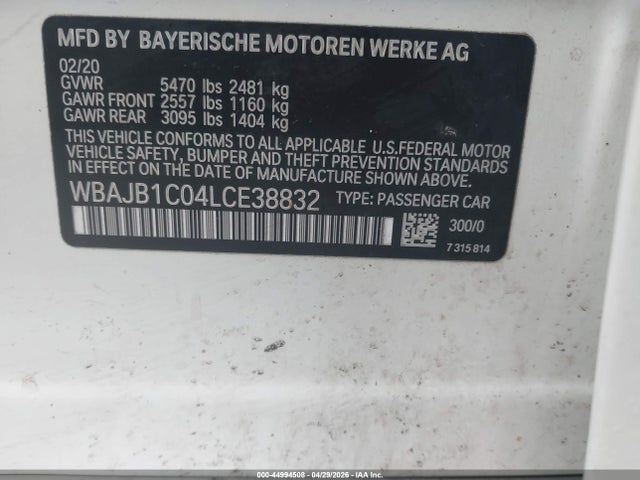 2020 Bmw 530e Xdrive Iperformance მანქანა იყიდება აუქციონზე, vin: WBAJB1C04LCE38832, აუქციონის ნომერი: 44994508
