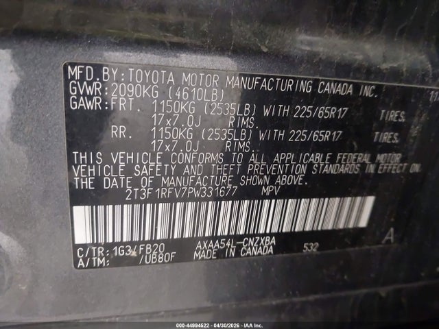 2023 Toyota Rav4 Le მანქანა იყიდება აუქციონზე, vin: 2T3F1RFV7PW331677, აუქციონის ნომერი: 44994522